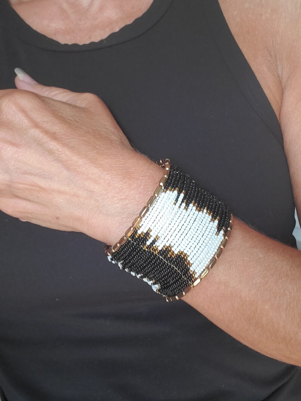 Seed Bead Cuff Chunky Bracelet Black, White & Gold